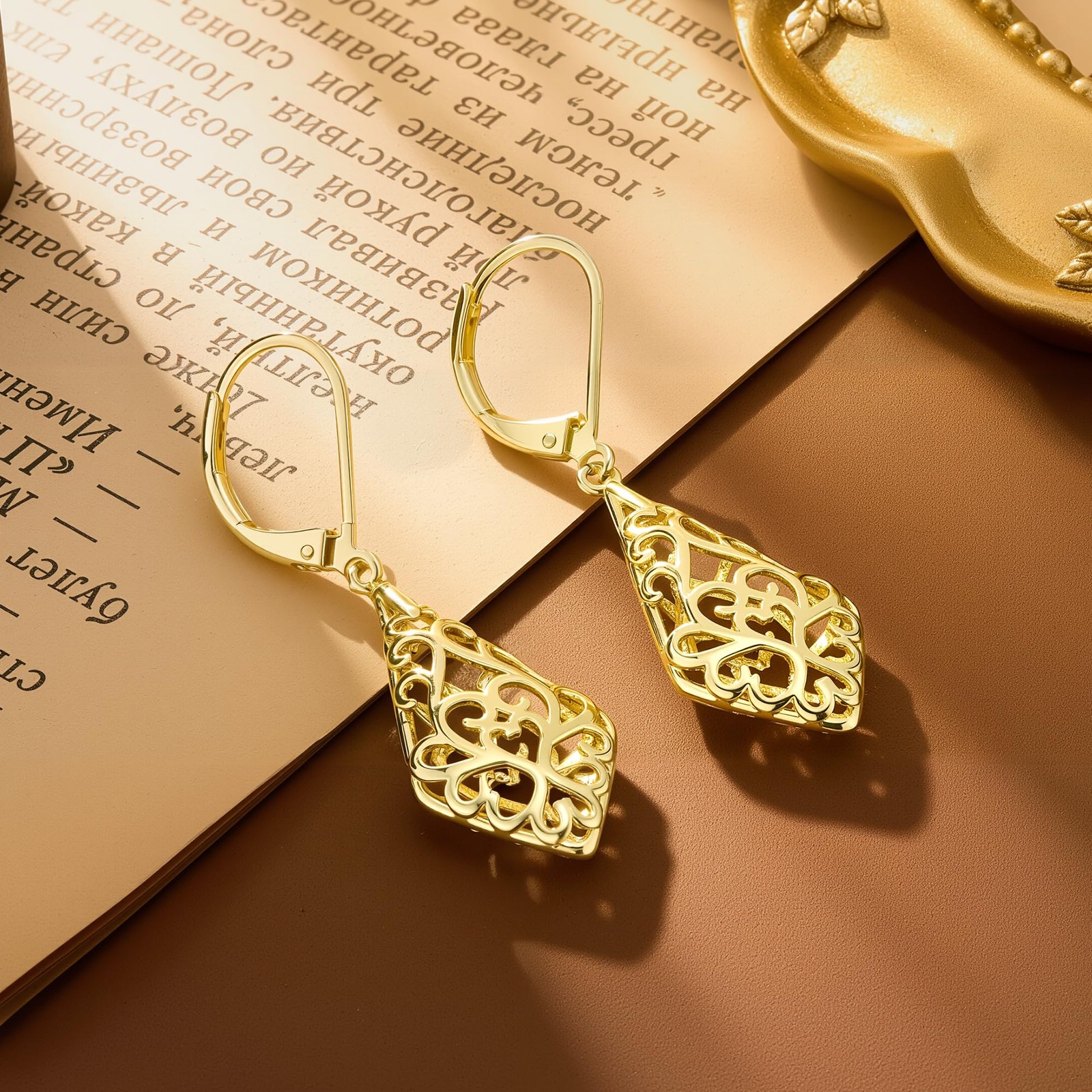 14K Gold Dangle Earrings for Women, Filigree Dangling Leverback Earrings, Gol