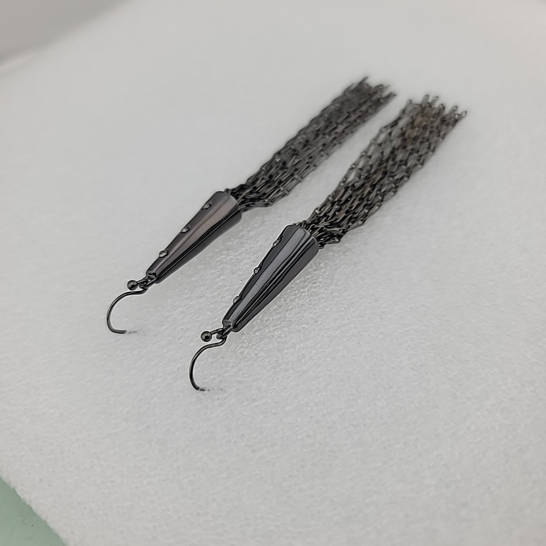 Gun Metal Grey Tassel Fringe Dangle Pierced Earrings