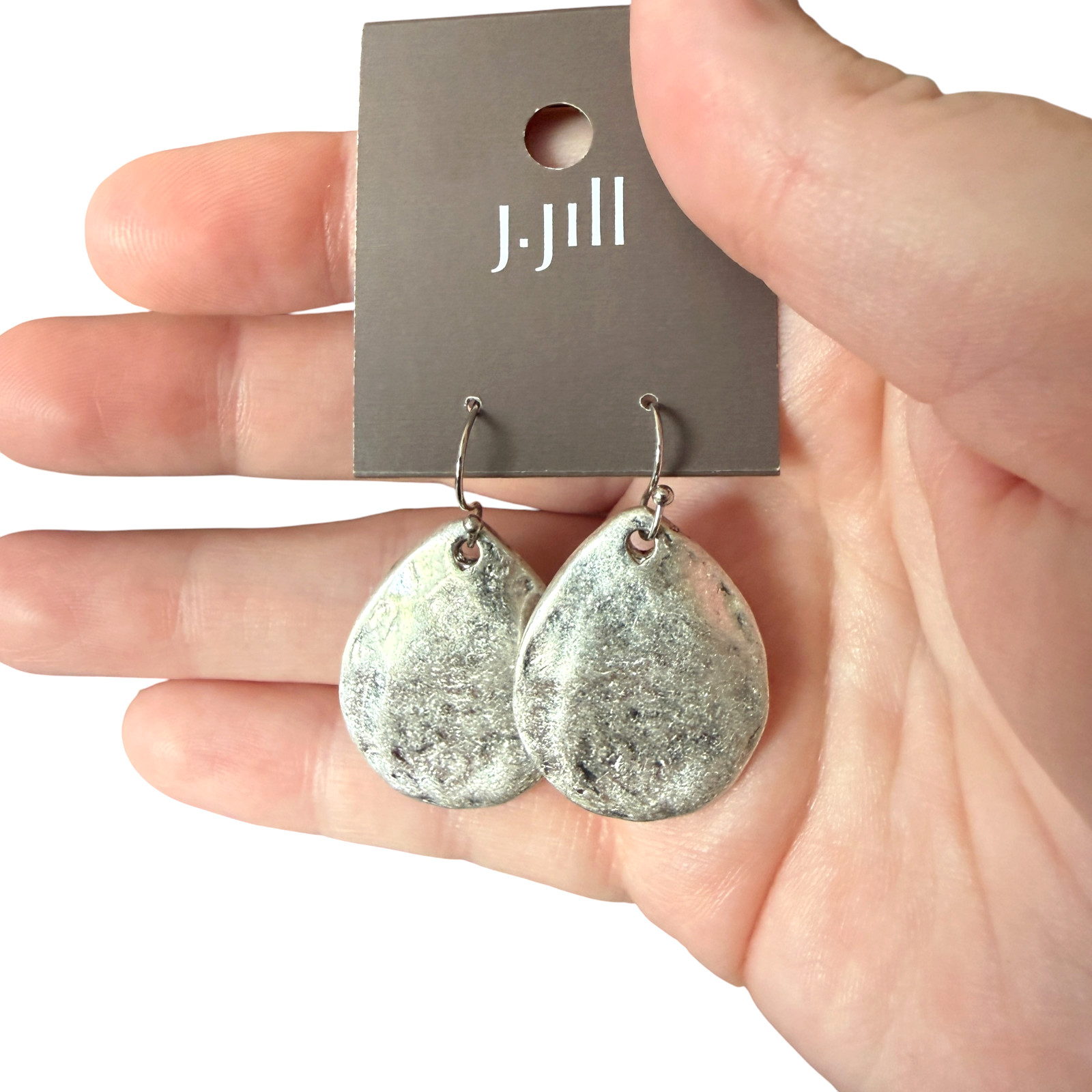 J Jill Hammered Teardrop Dangle Earrings Silver Tone Earth Boho Artisan Classic