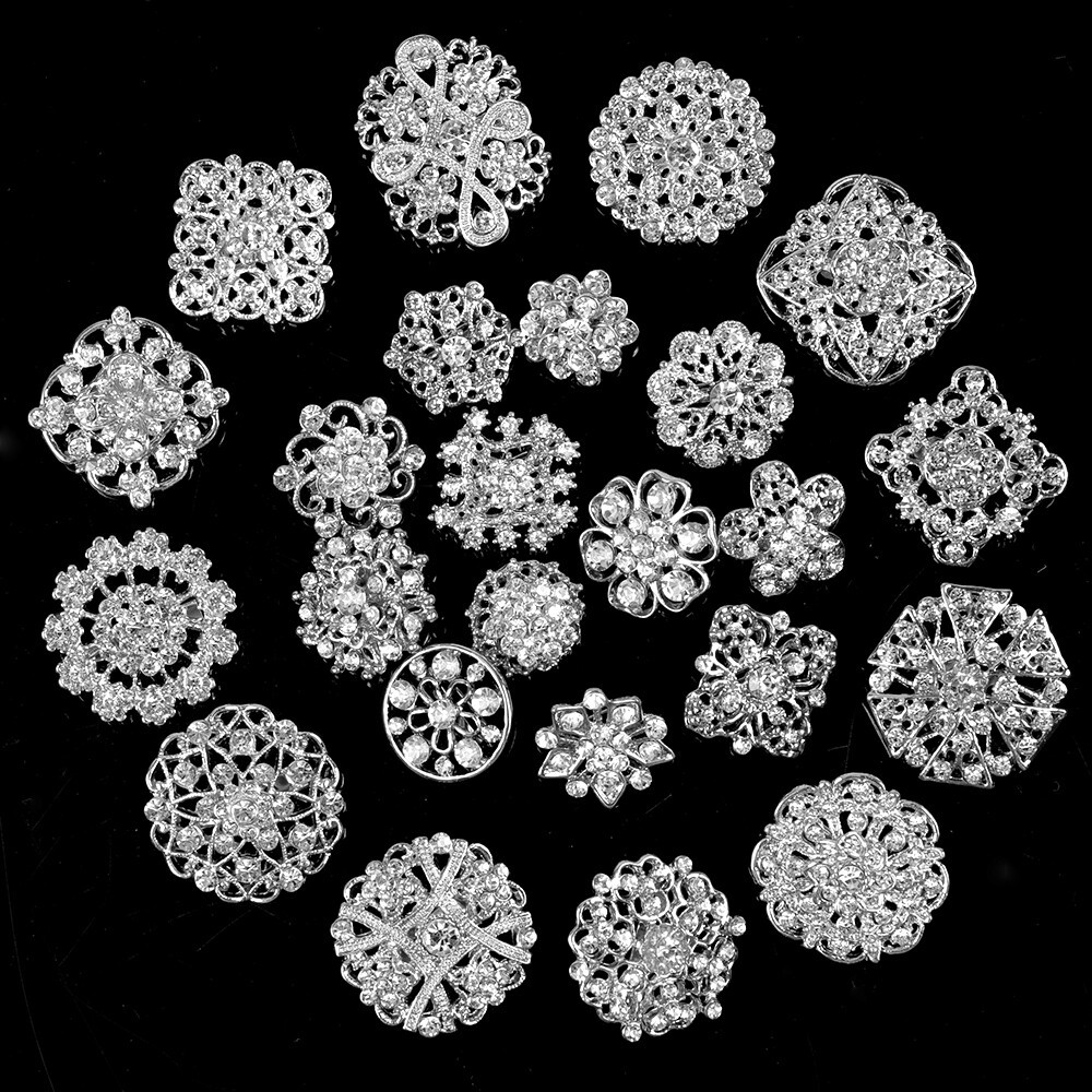 Lot 24 PACK Mixed Alloy Sliver Rhinestone Crystal Brooch DIY Wedding Bouquet US