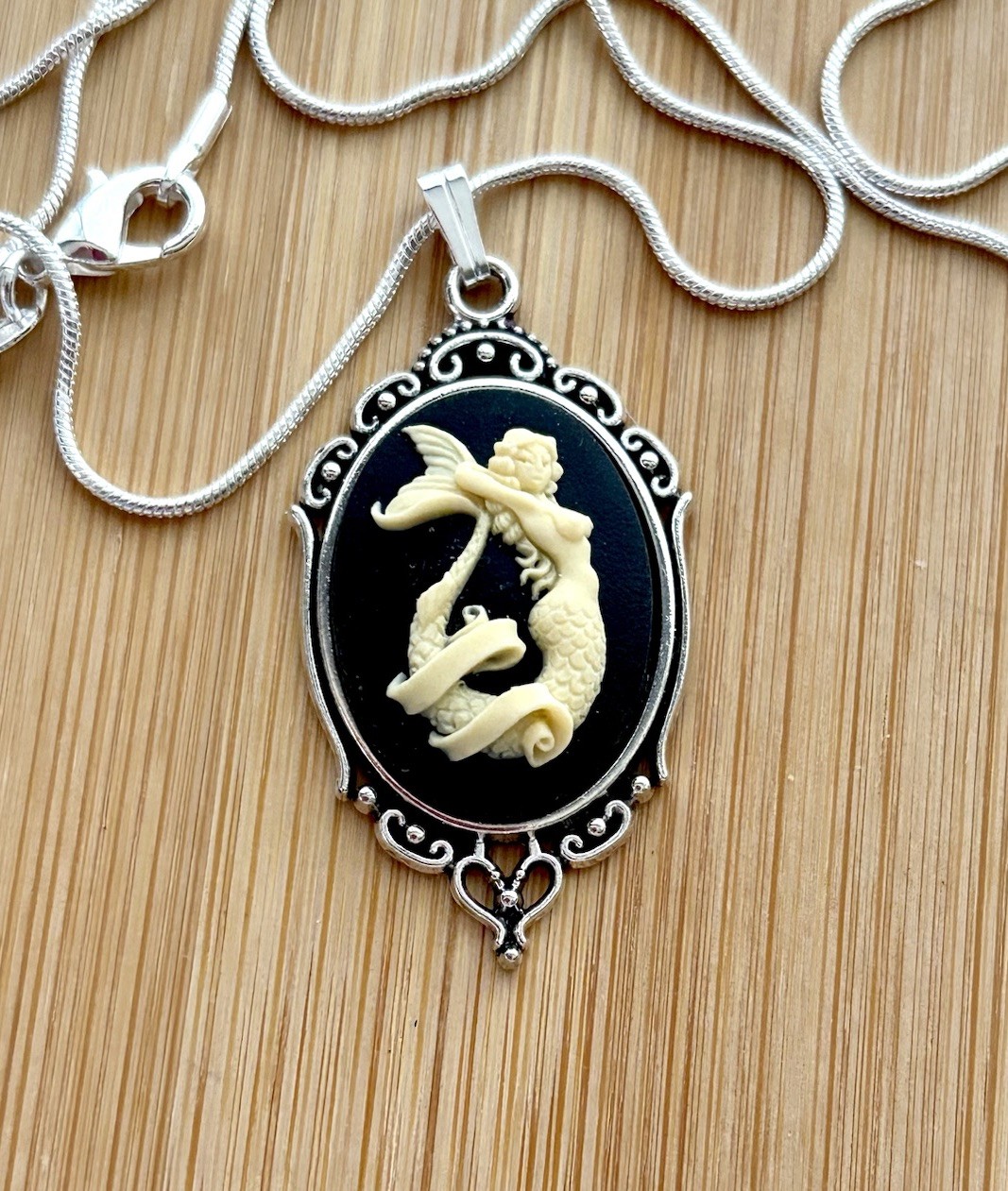 Mermaid Cameo Necklace, Vtg Sailor Jerry Tattoo Pendant, Sterling Silver Chain