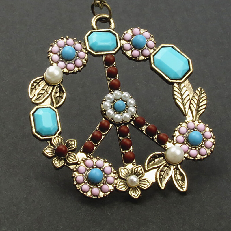 Vintage Long Statement Choker Necklace with Antiwar Peace Sign Pendant