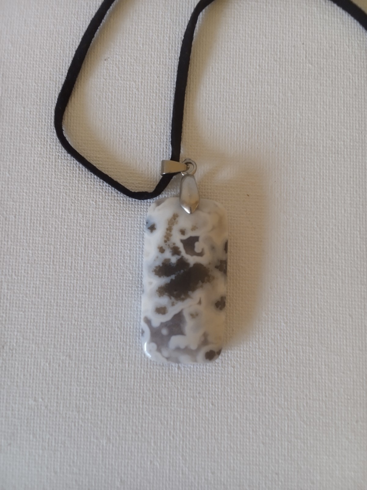 Black Cord Necklace Rectangular White & Gray Speckled AgateStone Charm Pendant