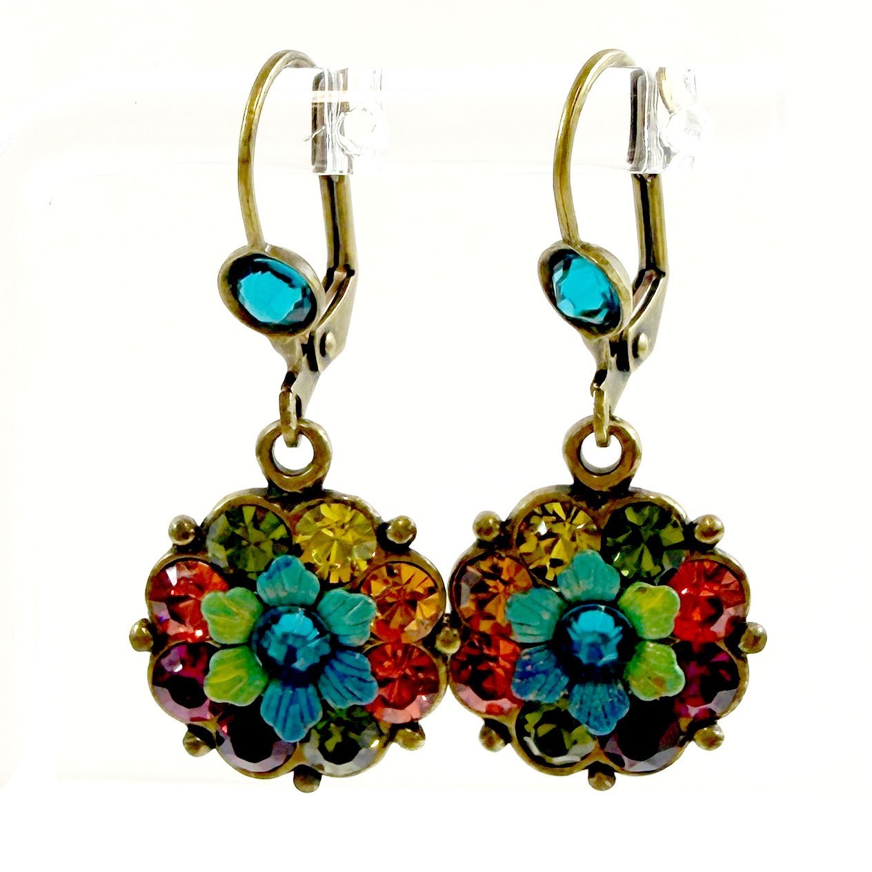 Michal Negrin Jewel Tone Rainbow Flower Swarovski Crystal Dangle Earrings
