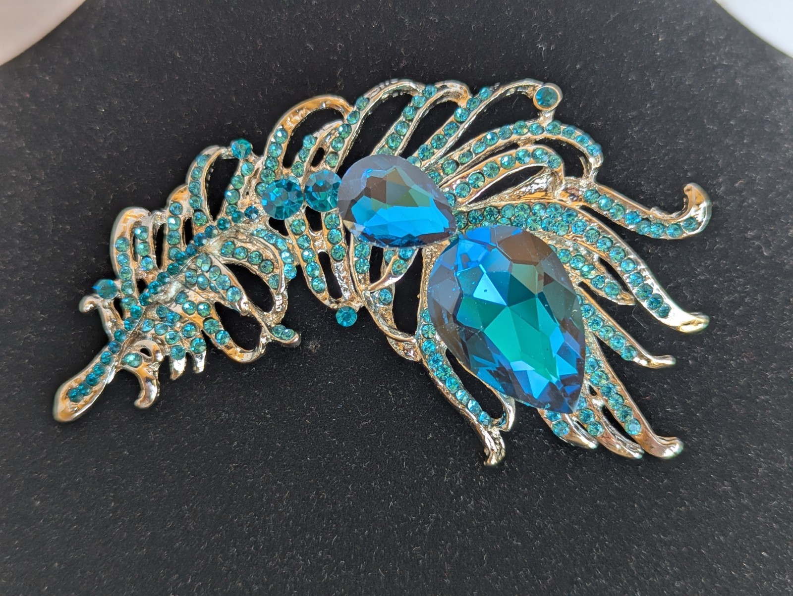 Blue Rhinestone Feather 3 3/4″ x 2 1/4 ” Brooch Pin