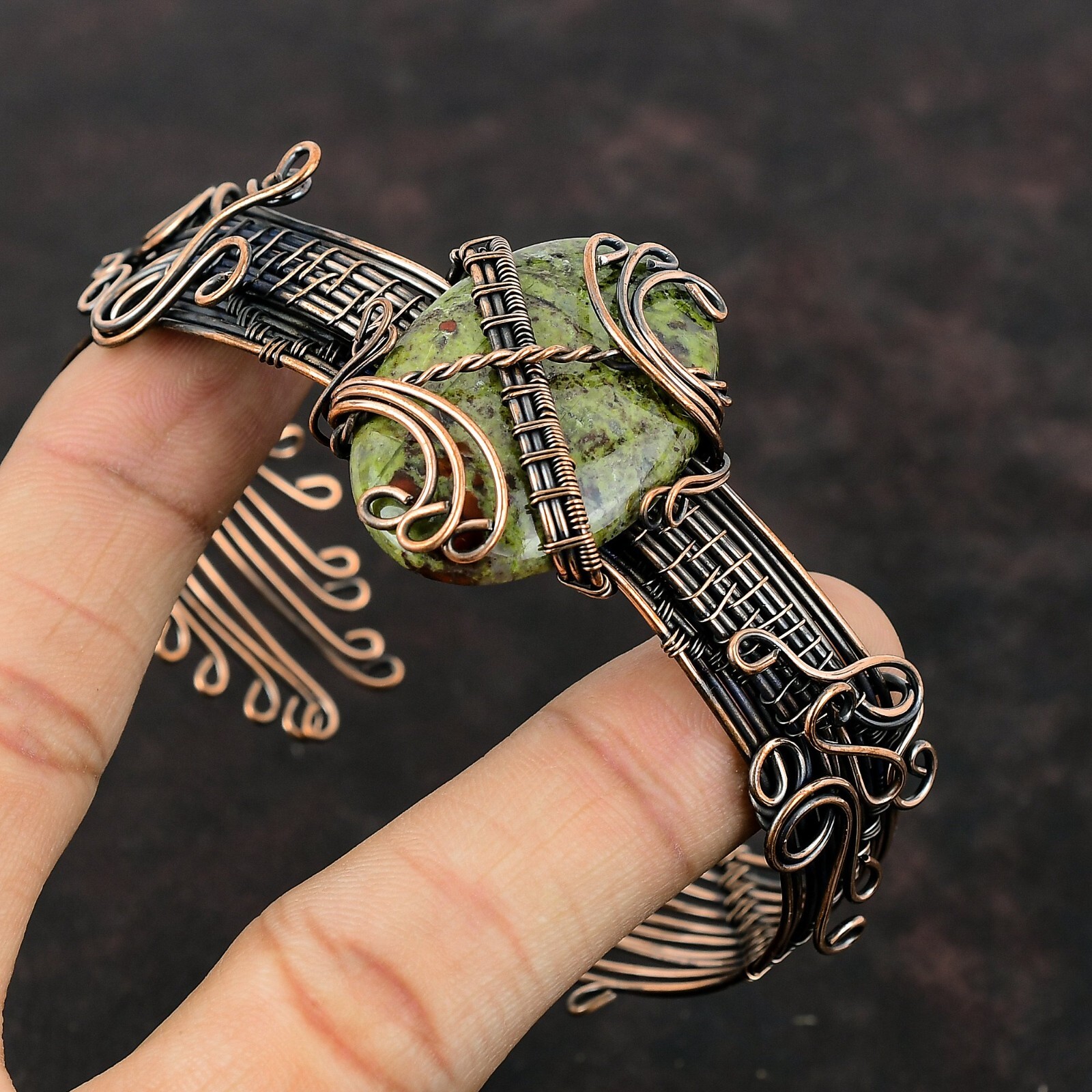 Dragon Bloodstone Wire Wrapped Adjustable Cuff Handcrafted Copper Designer