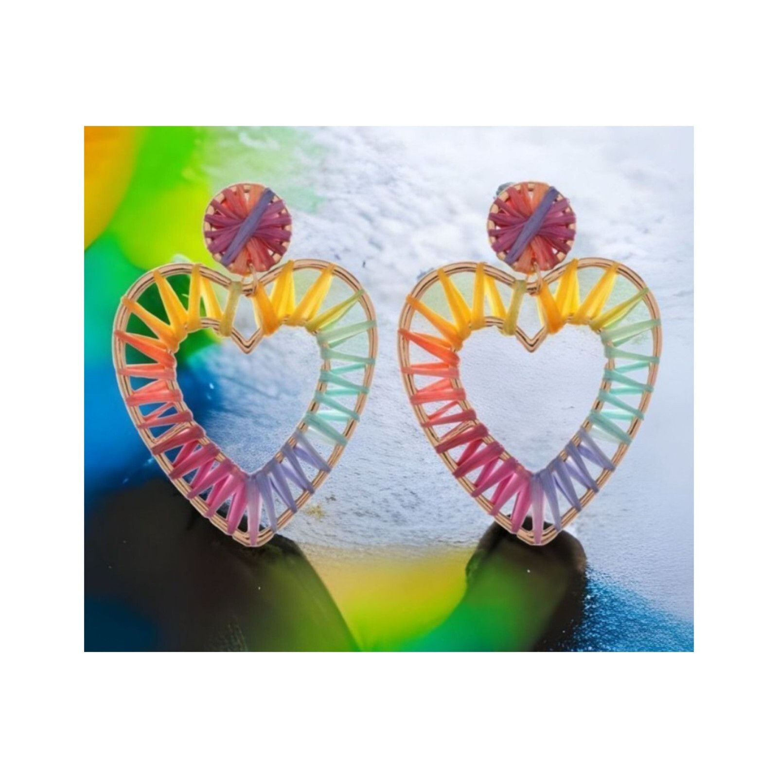 NEW AMRITA SINGH Heart Drop BOHO Raffia Earring Rainbow Color Romantic One Size