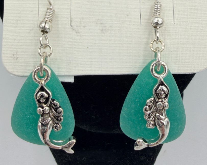 Sea Glass Wire Hook Earrings Nickel Free Silver Rhodium Plated Mermaid Starfish