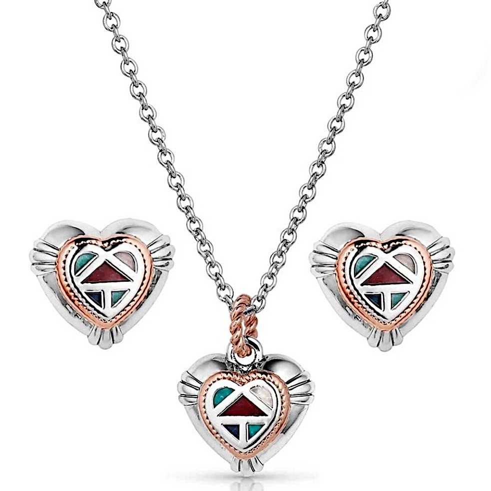 Montana Silversmiths Western Mosaic “Dainty” Heart Necklace Earring Jewelry Set