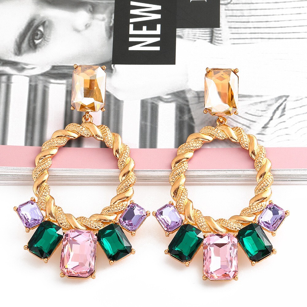 Gold Hoop Earrings Rope Rhinestone Statement Stud Chunky Earrings Multi Color