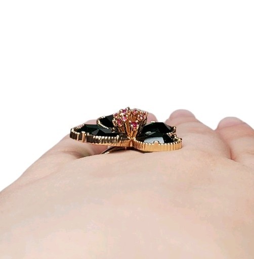 Estate Gold-Tone Green Coated Glass & Pink Spinel Flower Ring Size 6 (Approx.)