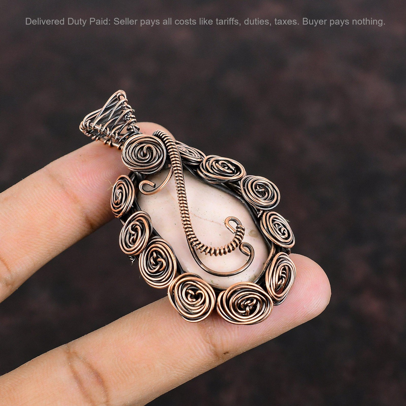 Christmas Deal Natural Pink Opal Wire Wrapped Flower Boho Pendant Jewelry Copper