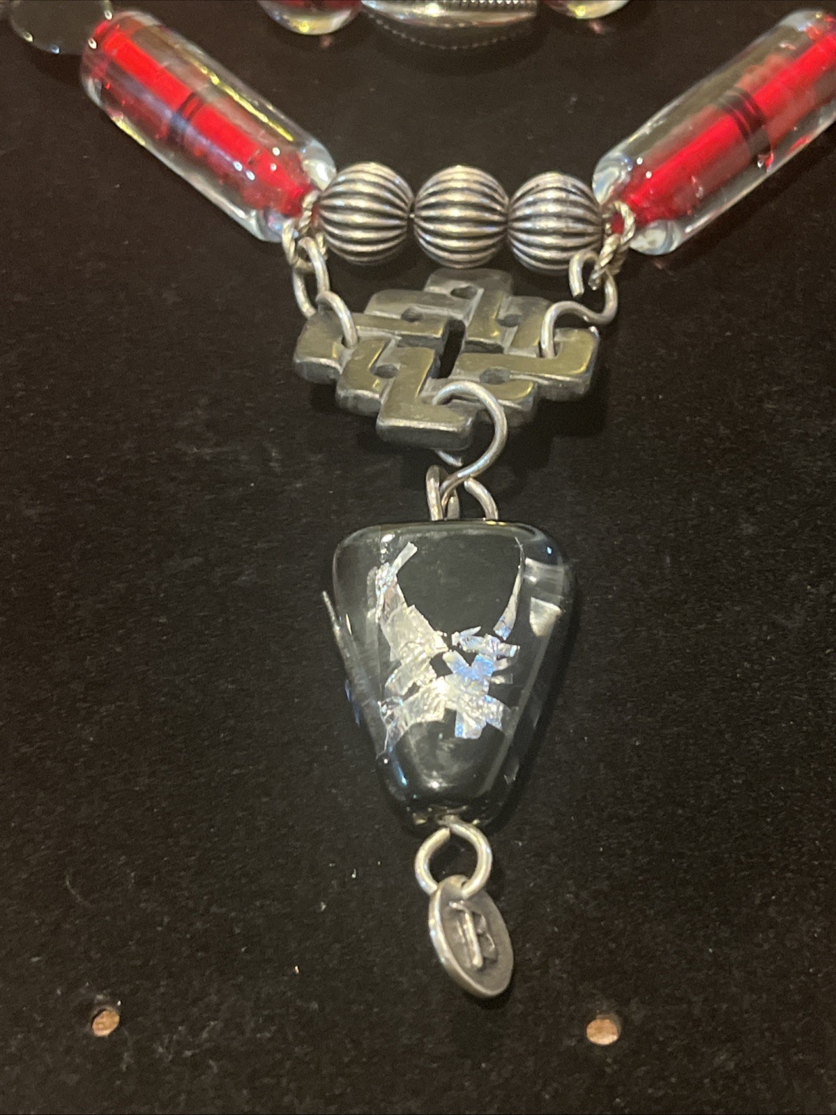925 Sterling Silver Barbie Koncher necklace Red Black Murano Glass Layered Vtg