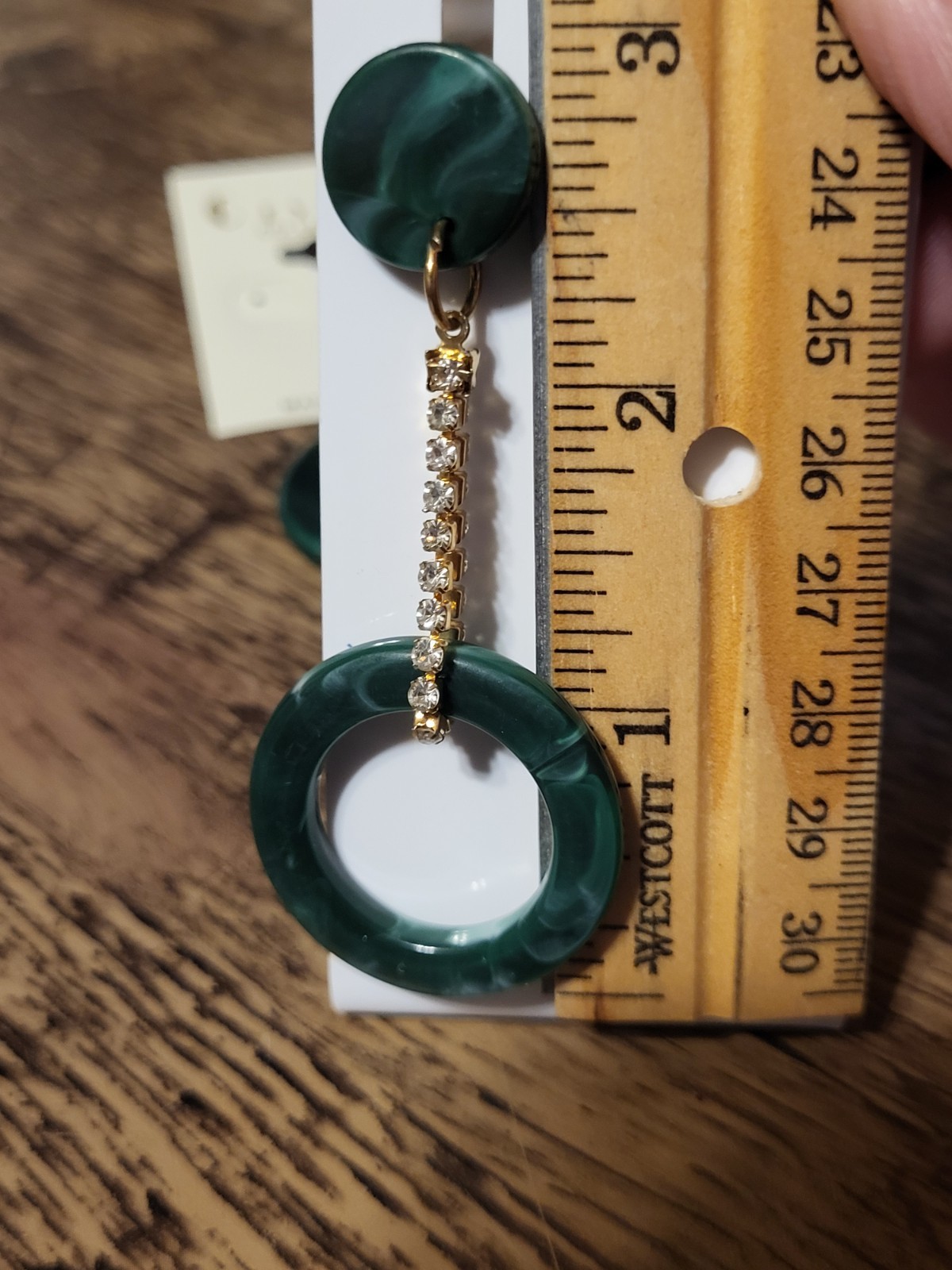 Crystal Collection Green Faux Malachite and Rhinstone Drop Earrings