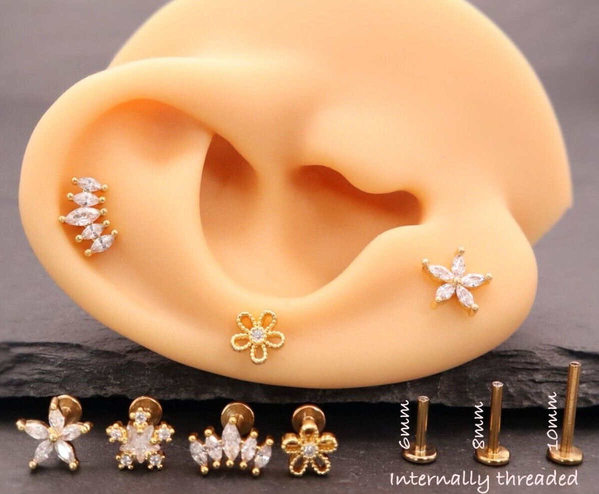 Internal Threaded Flat Labret Back Cartilage Helix Lobe Tragus Conch Earring UK