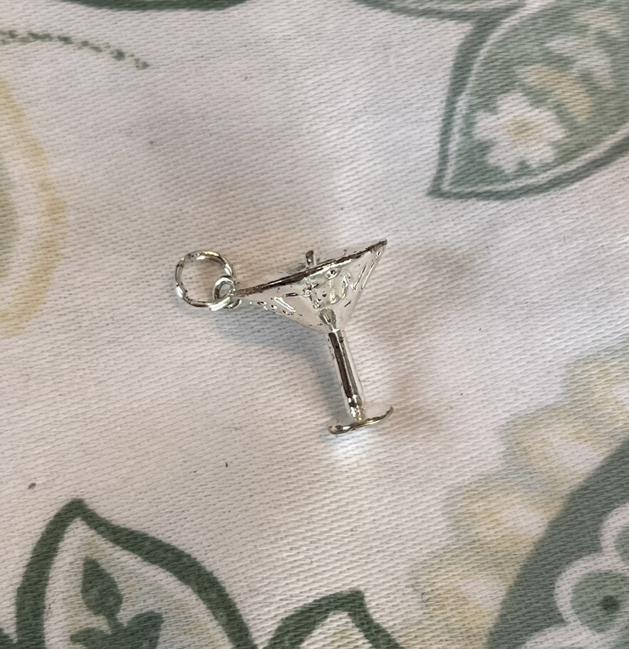 Martini Cocktail Glass Charm For Bracelet Silver Tone Metal Olive On Toothpick