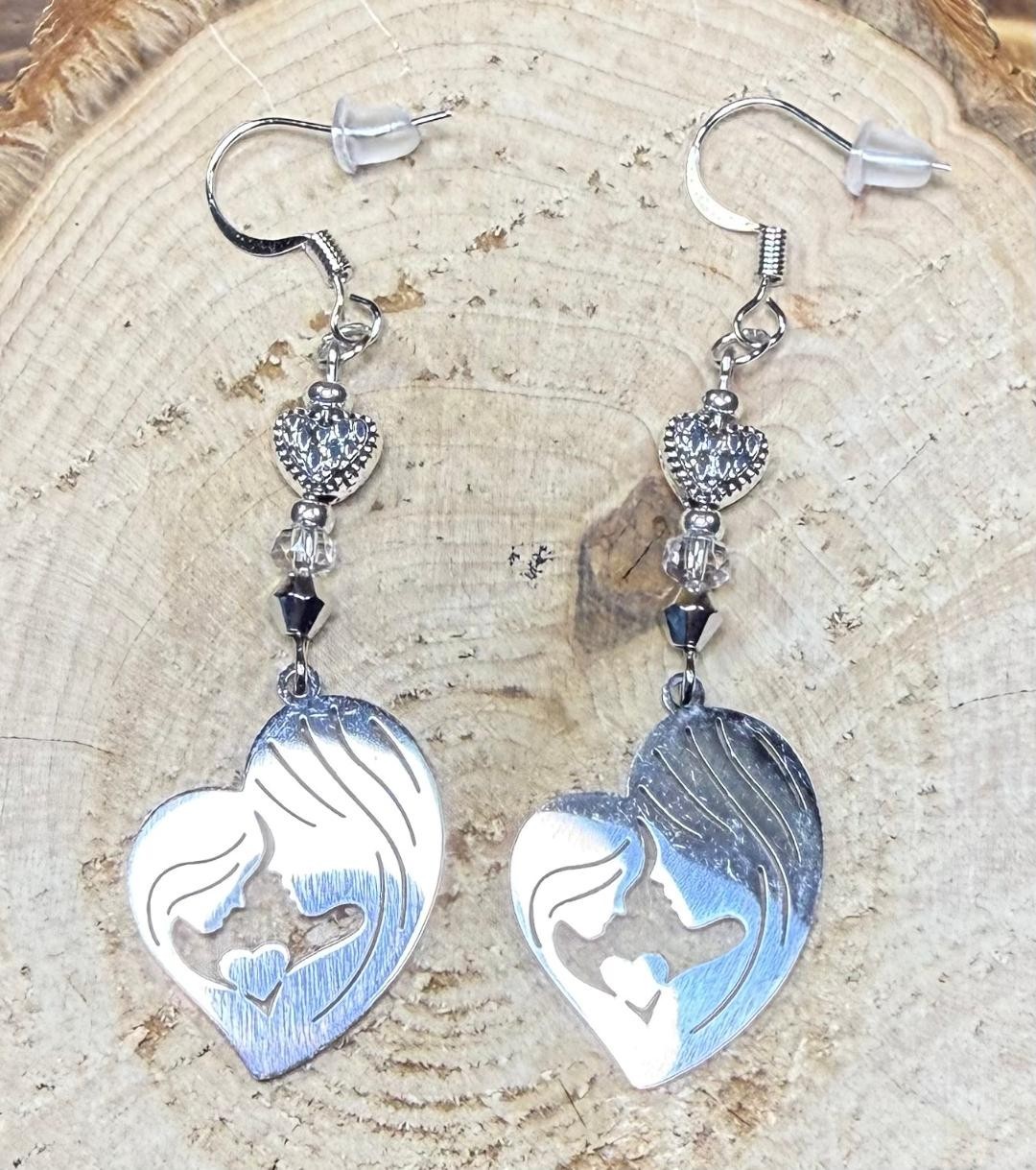 NEW Mother & Daughter Silver Stainless Steel Earrings w/ Filigree Heart Beads