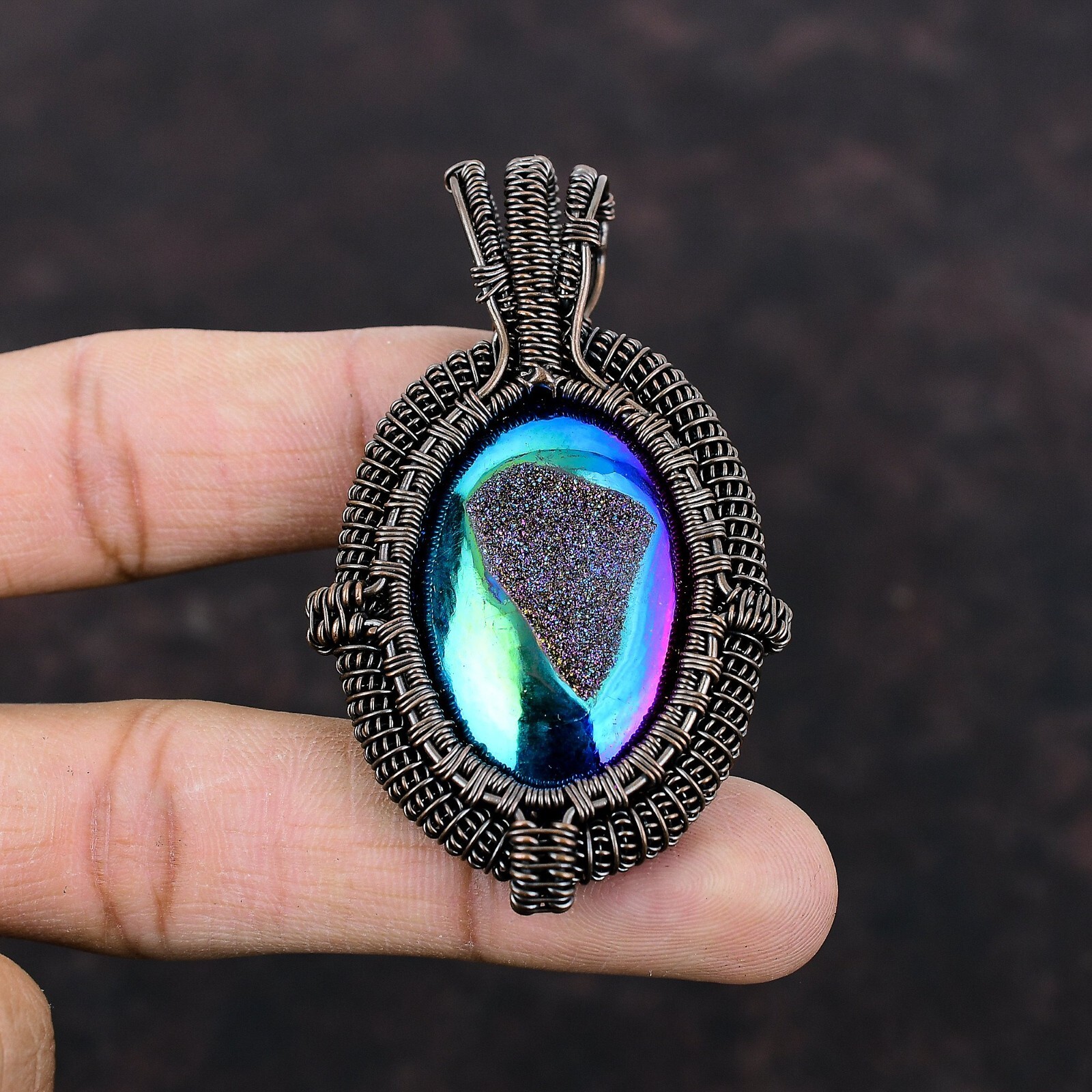 Women’s Day Gift Titanium Druzy Copper Gift For Bestie Wire Wrapped Pendant 2.6″