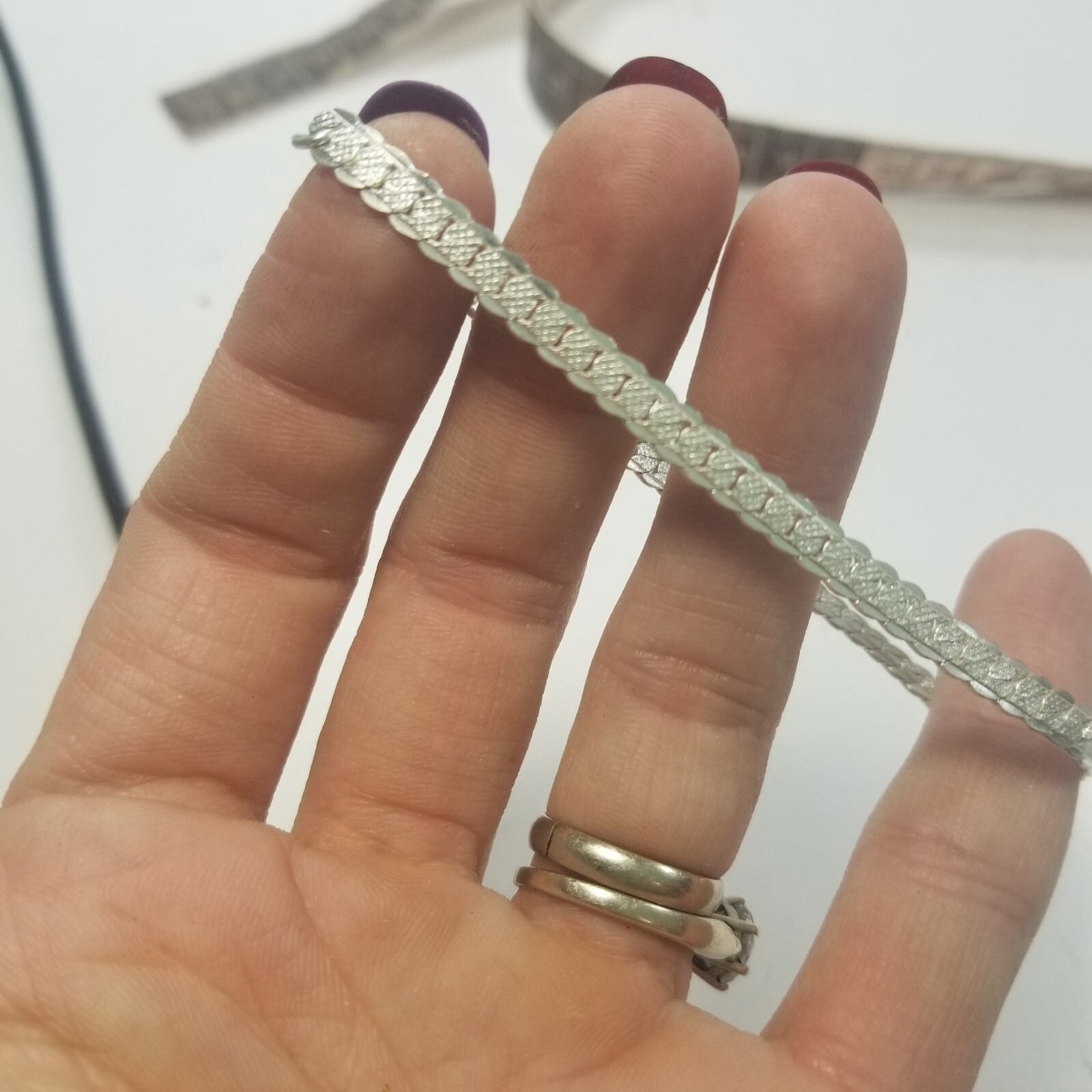 Flat Curb Link Chain Bracelet Silver Tone Bangle 7.5″