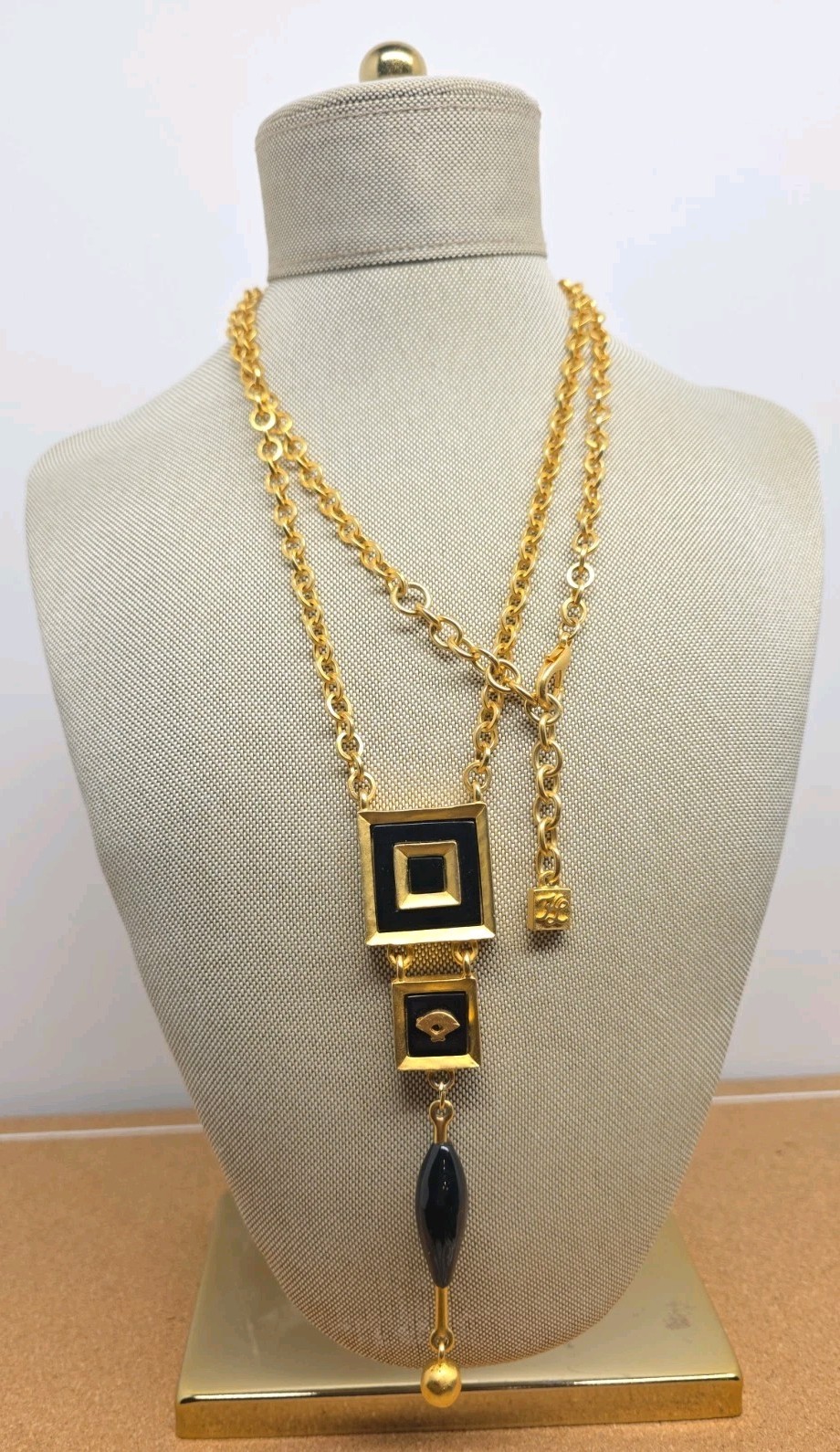 Karl Lagerfeld Black Enamel Gold Plated Dangle Pendant Chain Necklace Runway