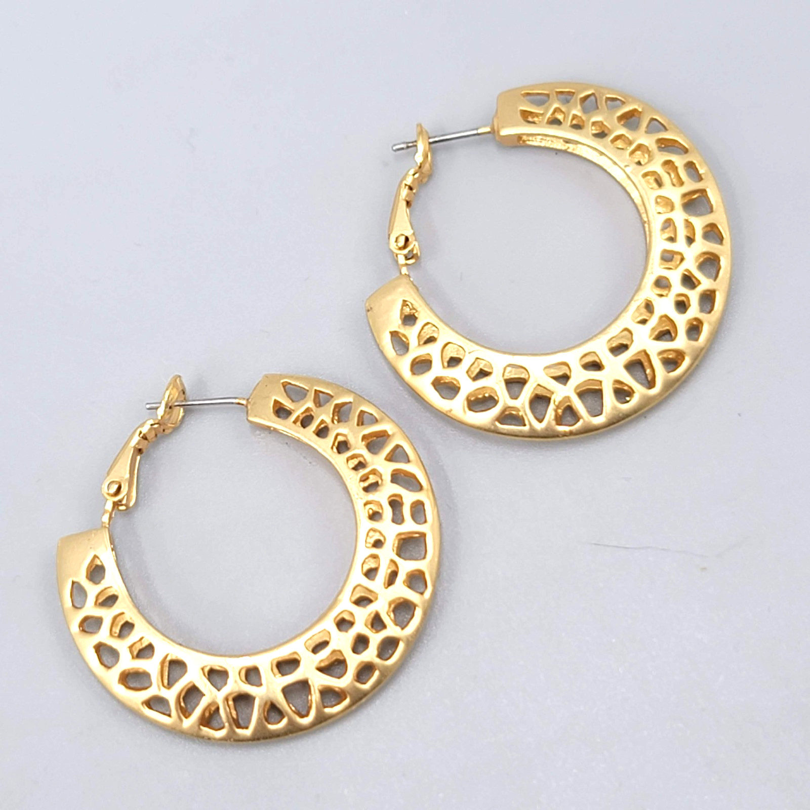 Matte Gold Plated Pierced Earrings Open Work Hoops 1.25 in