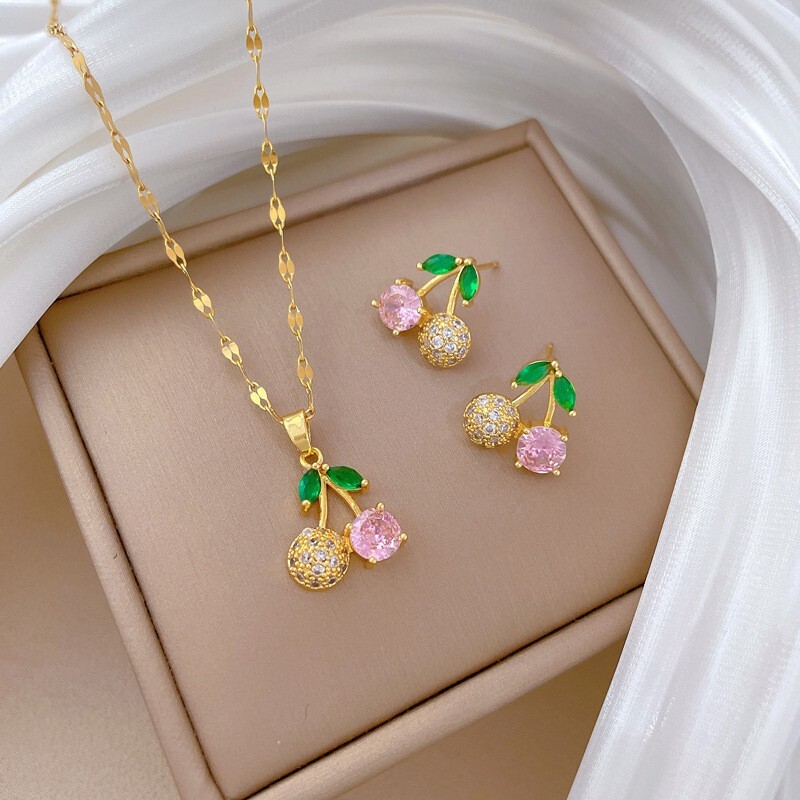 Women 14K Gold Cherry Pink CZ Pendant Chain Necklace Stud Earrings Set AG