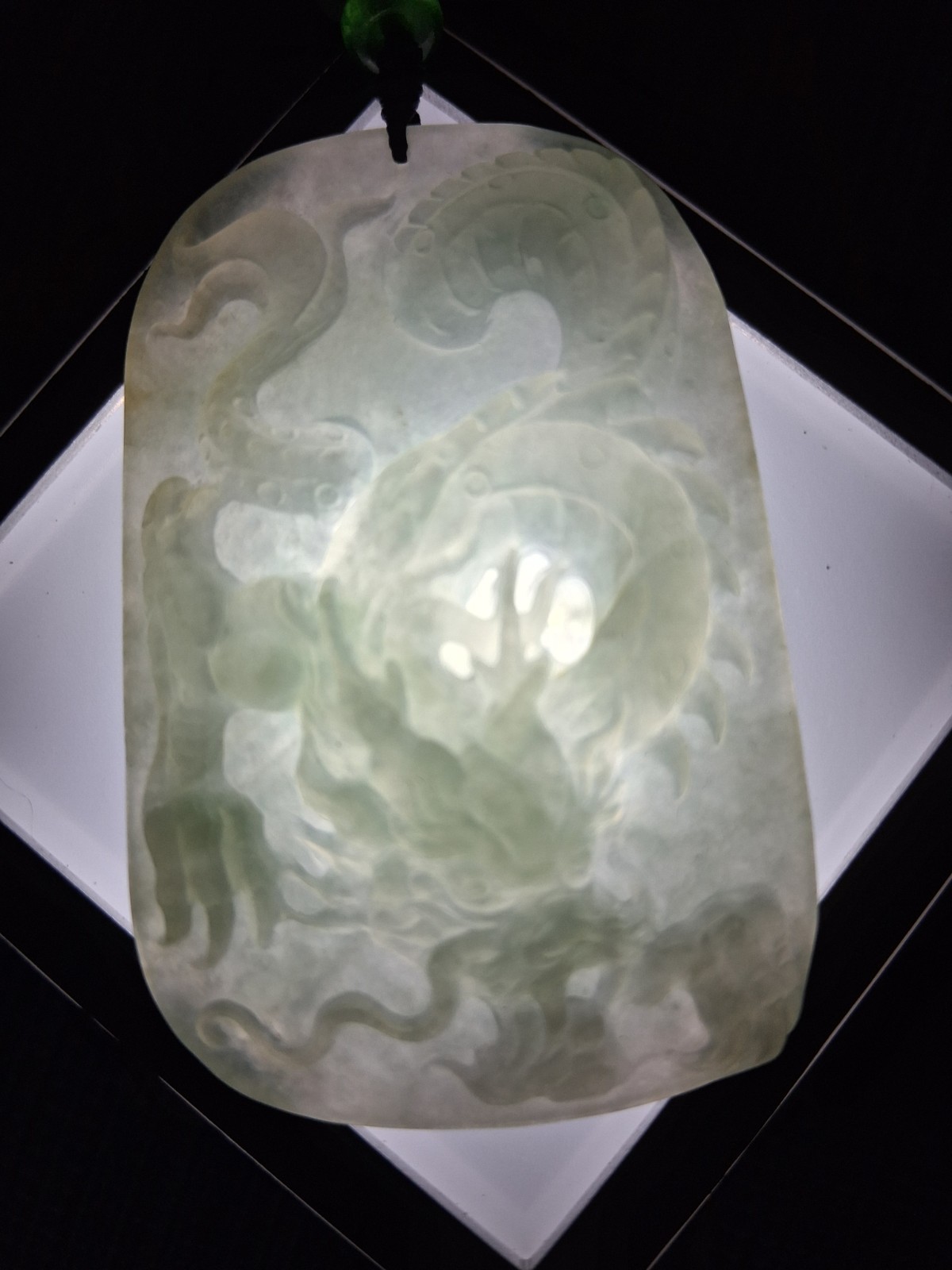 Certified Green Jade Dragon Carved Rectangular Pendant Charm Necklace on Cord