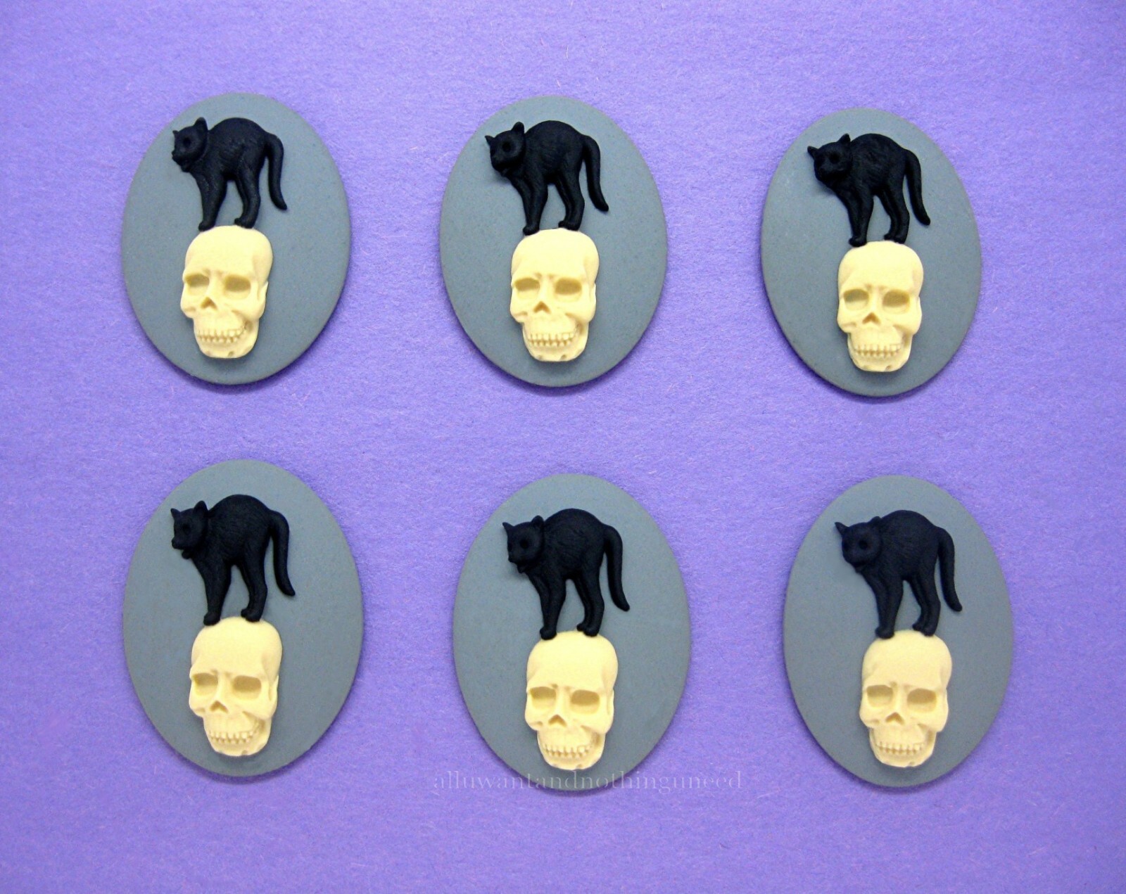 6 BLACK CAT & Ivory color SKULL on Gray 25mm x 18mm Halloween Goth Punk CAMEOS