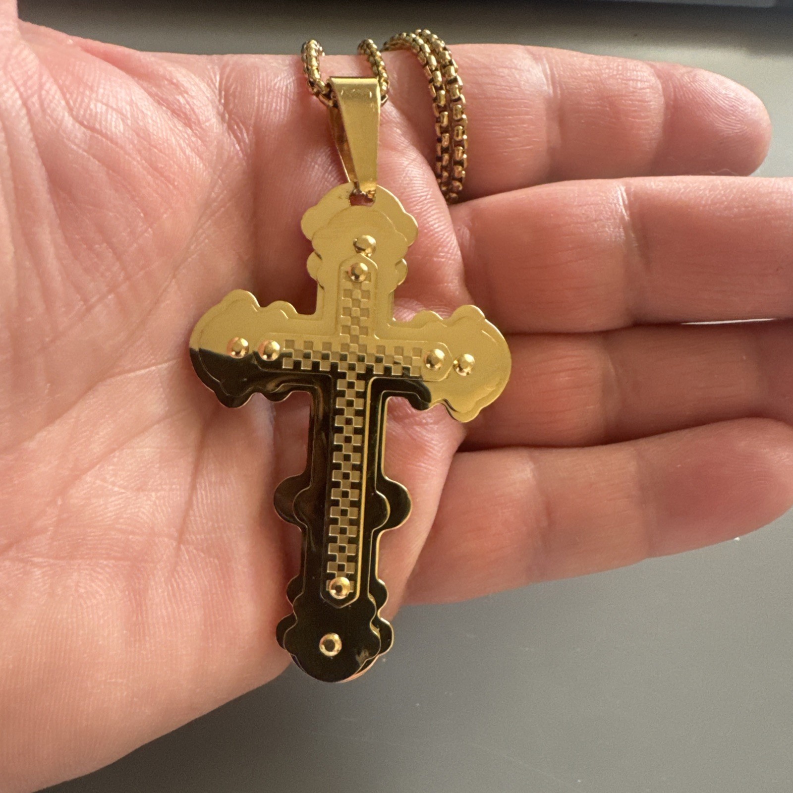 Triple Gold Plated Cross Pendant 24 Inch Chain Stainless Steel Catholic Gift