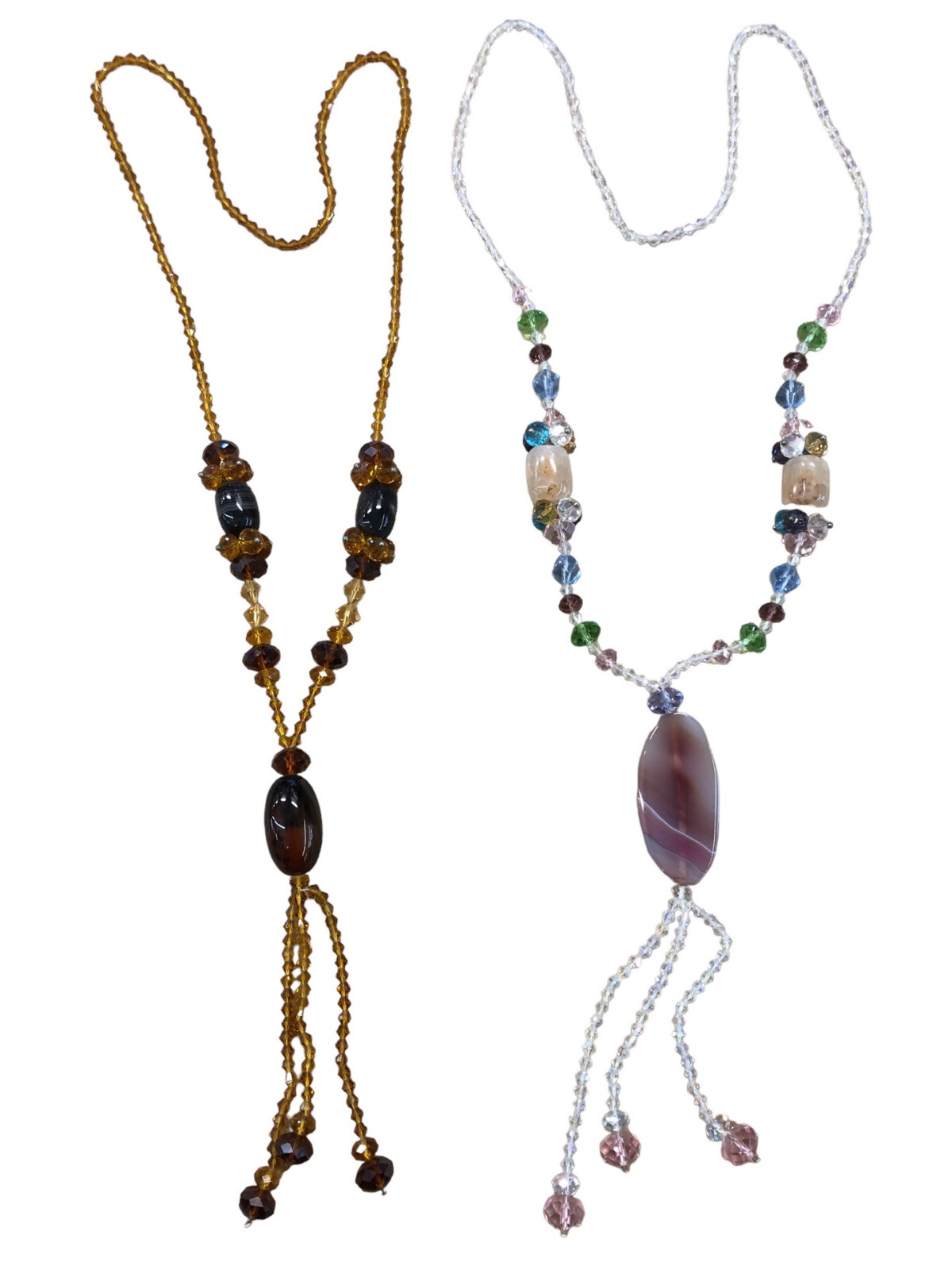 2 AMBER PINK CRYSTAL AND HARD STONE NECKLACES VARIOUS CIRC JEWELRY CM 70-63