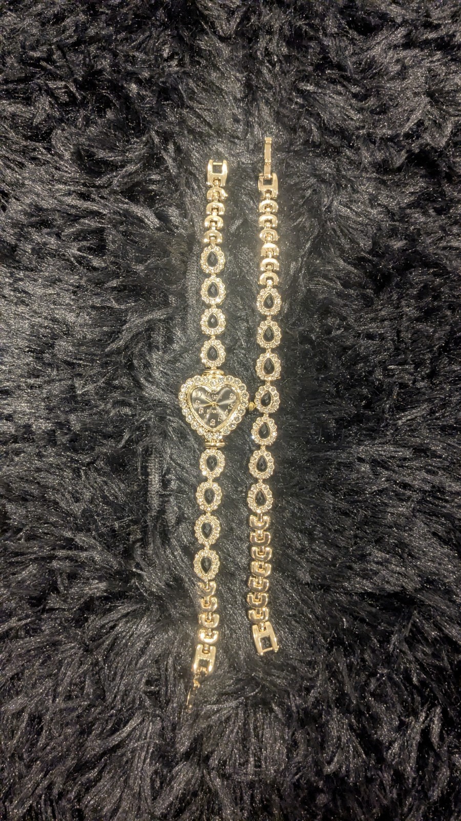 Gold and black watch & Bracelet w/ Heart Dangle Charms.
