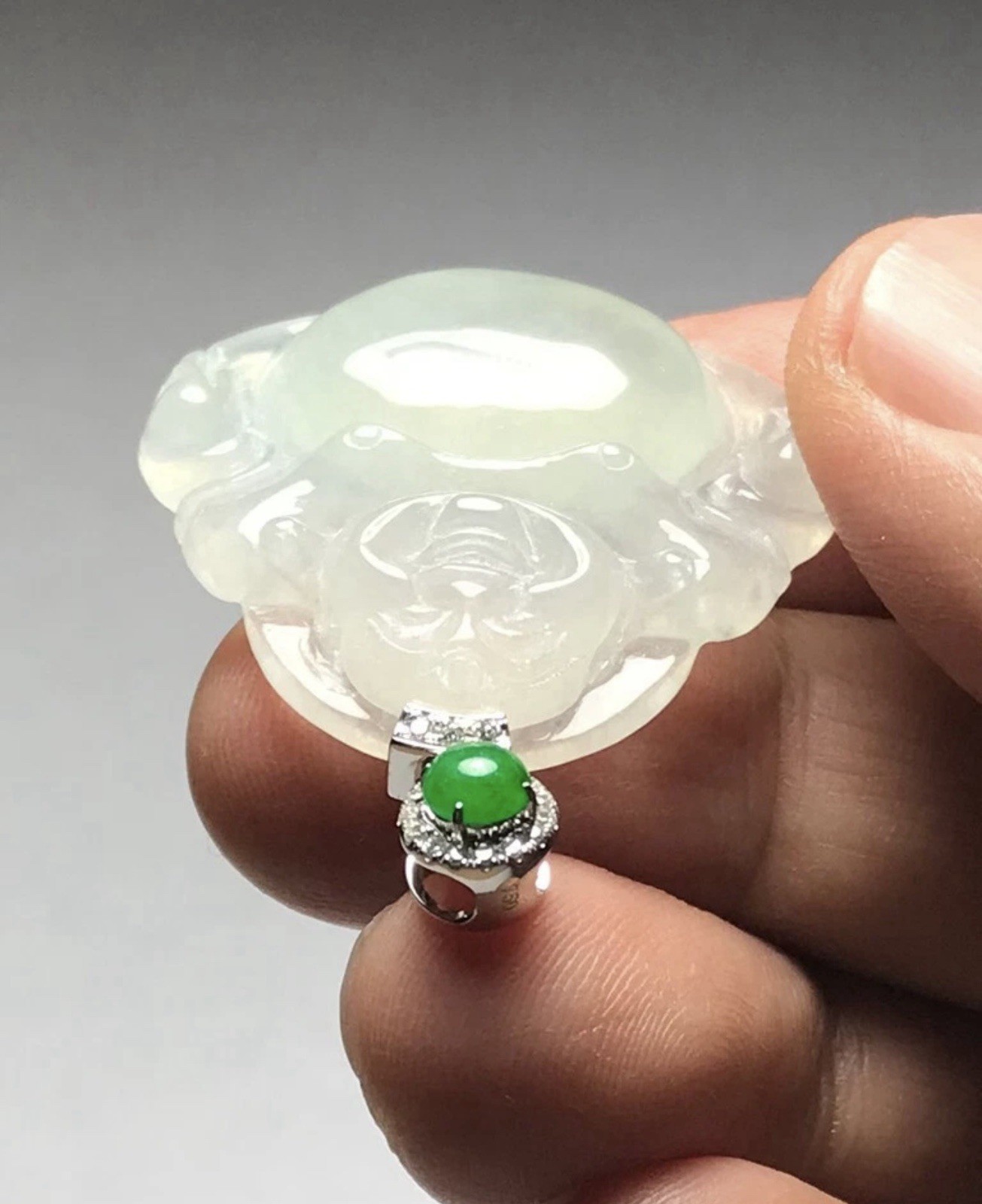 Certified Type A Icy Jadeite Happy Buddha Pendant 18K White Gold Diamond Bail