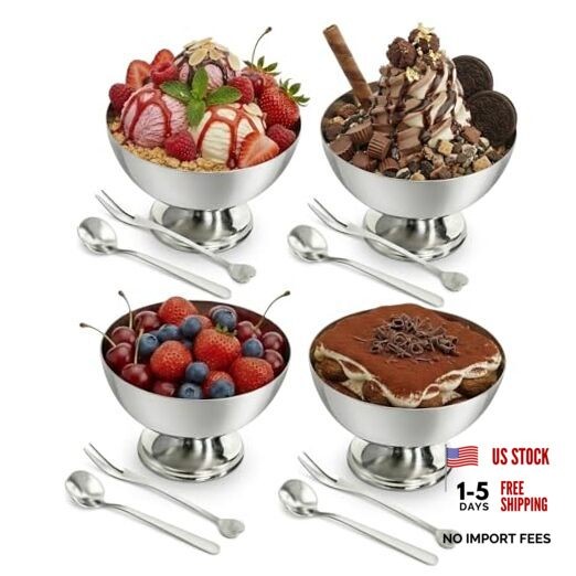 4Pcs Silver Dessert Cups – Stainless Steel Ice Cream Bowls with 8.45 ounces