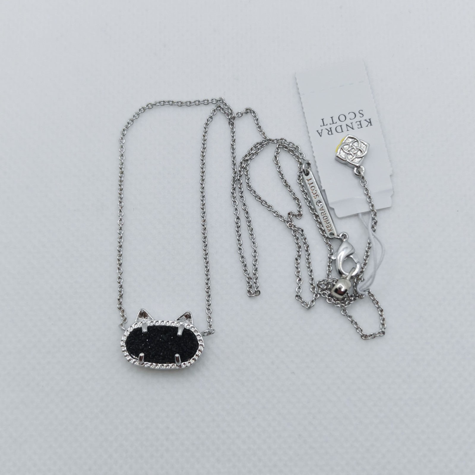 New Kendra Scott Elisa Silver Cat Kitty Pendant Necklace In Black Drusy