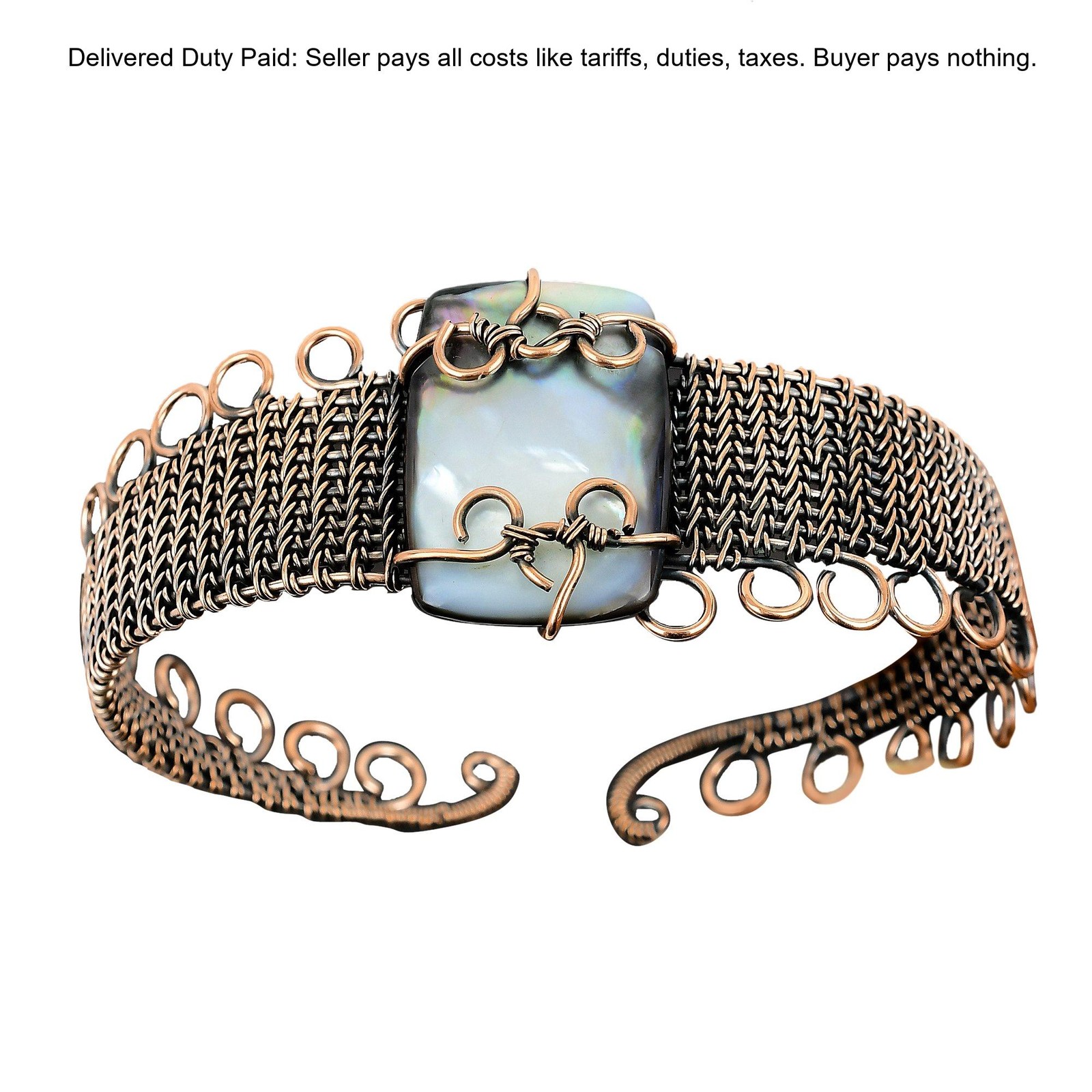 Copper Black Mother Of Pearl Stone Anniversary Wire Wrapped Wife Bangle Bracelet