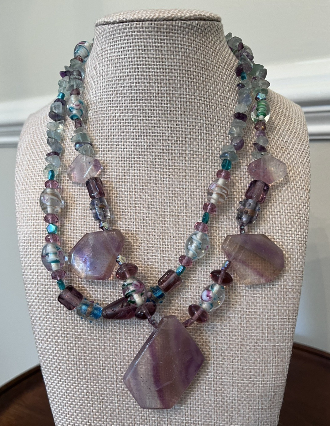Fluorite and Glass Bead Statement Necklace 2 Strand Pink Purple Green 17″