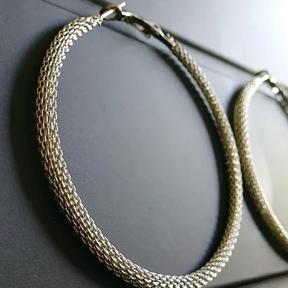 Vintage Silver Plated Textured Mesh Hoop Earrings