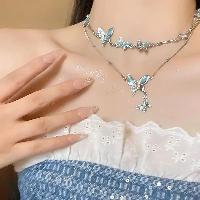 Blue Butterfly Necklace Bracelet Set for Women Zircon Pendant Necklace Jewelry