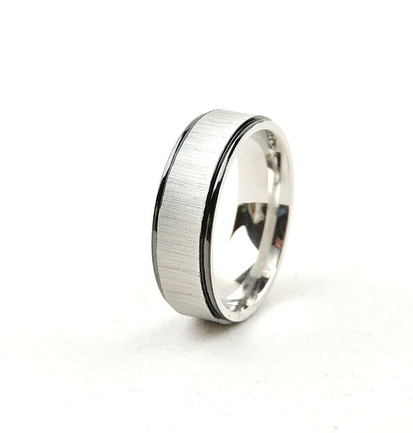 Stainless Steel Brushed 6 mm Wide Comfort Fit Band Ring With Black Accents