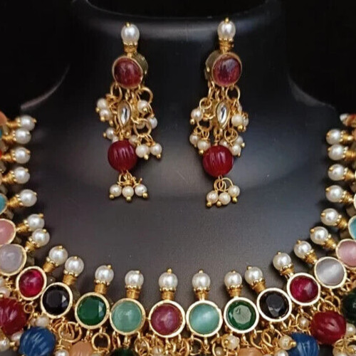 Multicolor Kundan Choker Kundan Navratan Necklace with Matching Earrings Set