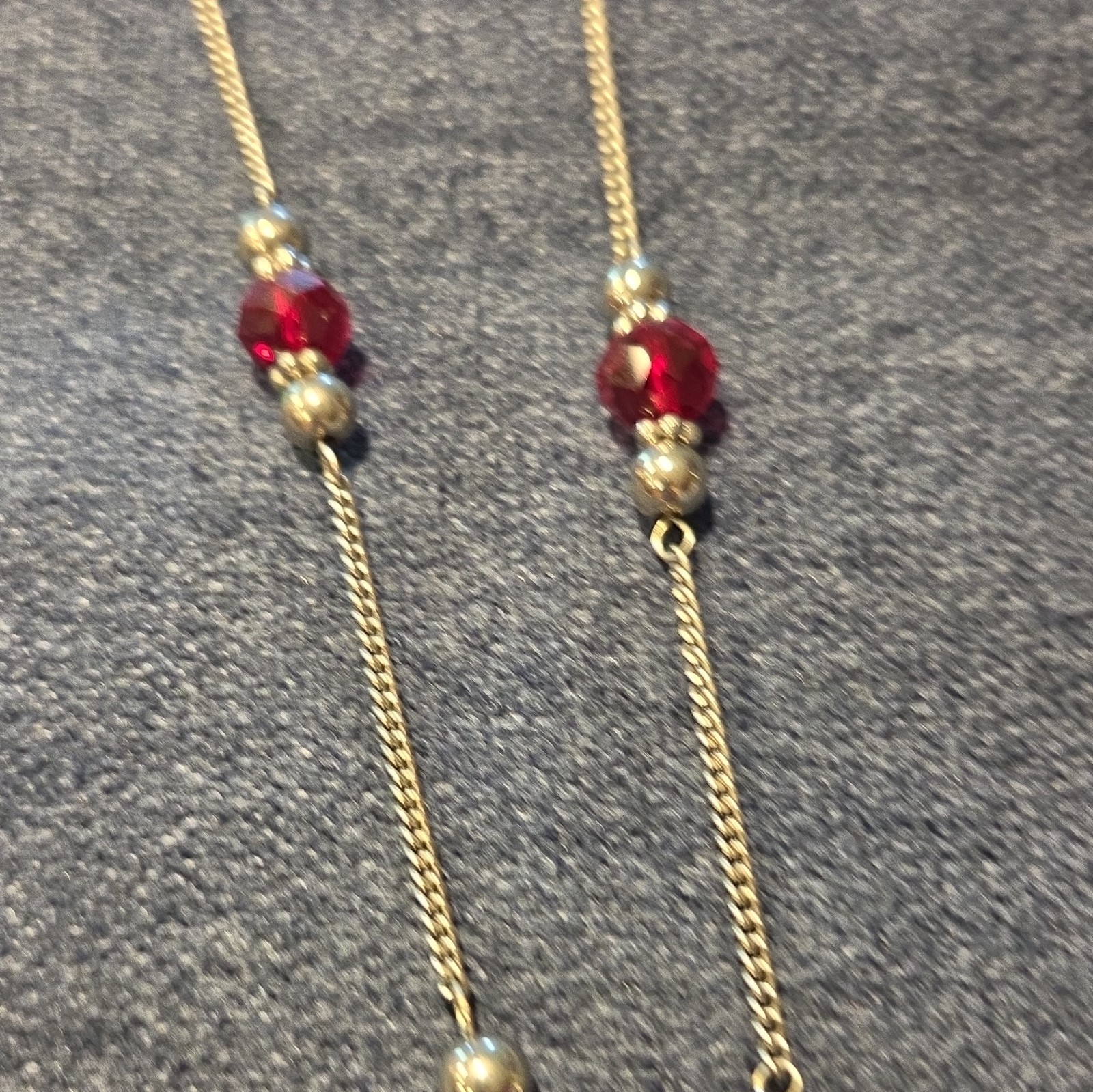 Gold Tone Cable Chain Necklace Red Round Crystal Beads Tassel Pendant