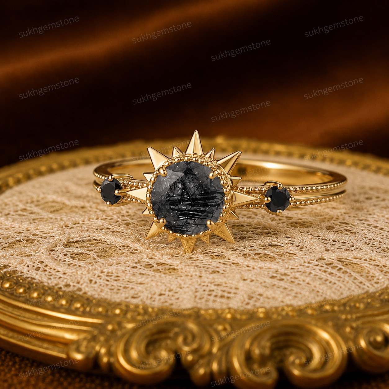 Black Rutilated Quartz Ring, Brass Gold Alloy , Birthday Gift Her, Women Ring