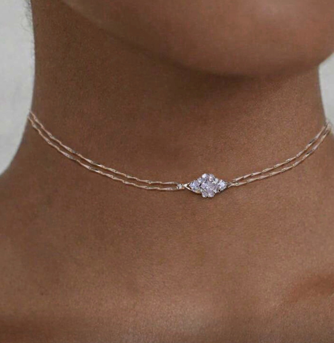 Silver Tone Link Chain Choker Necklace w/ Clear Marquise CZ Cluster Pendant