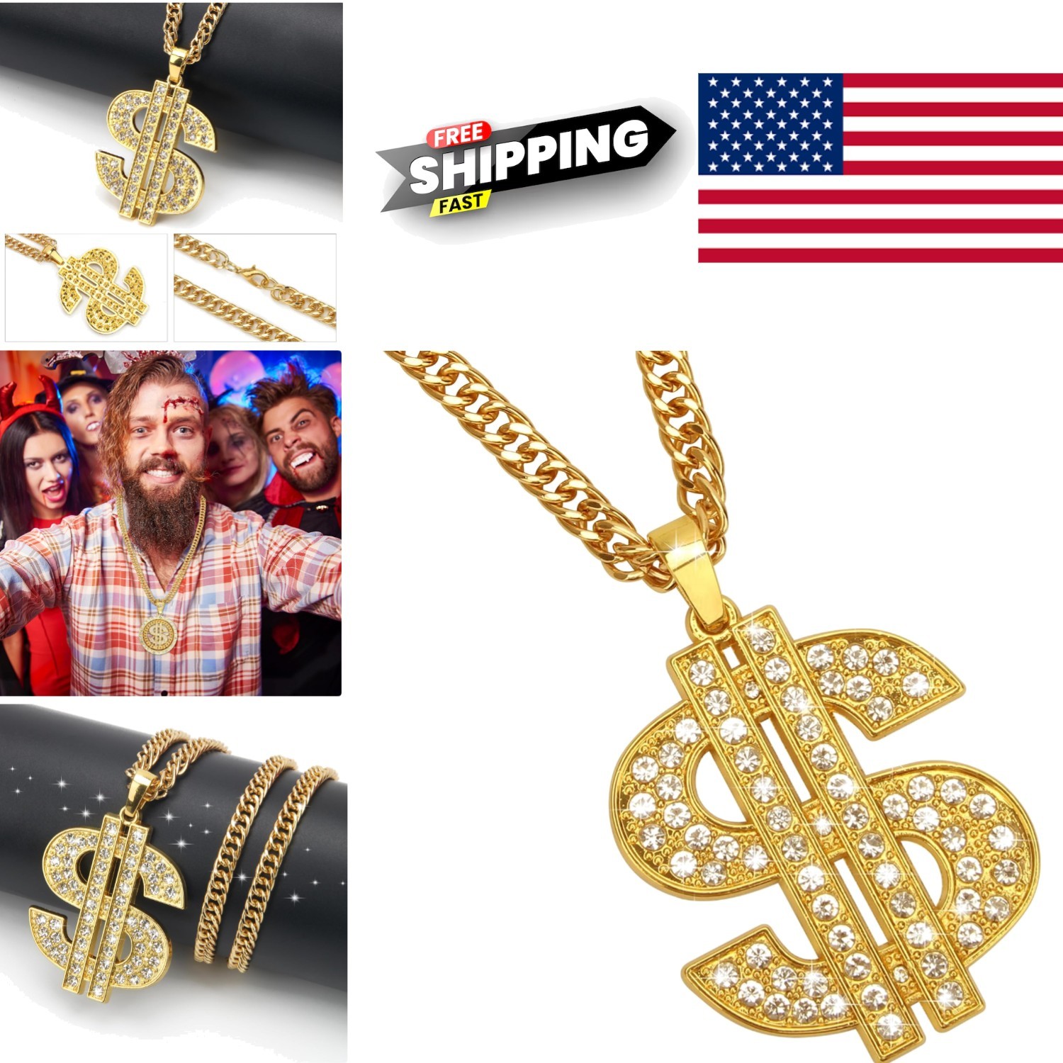 Hip Hop Gold Necklace Chain 30 Inch Dollar Sign Pendant Lightweight and Durable