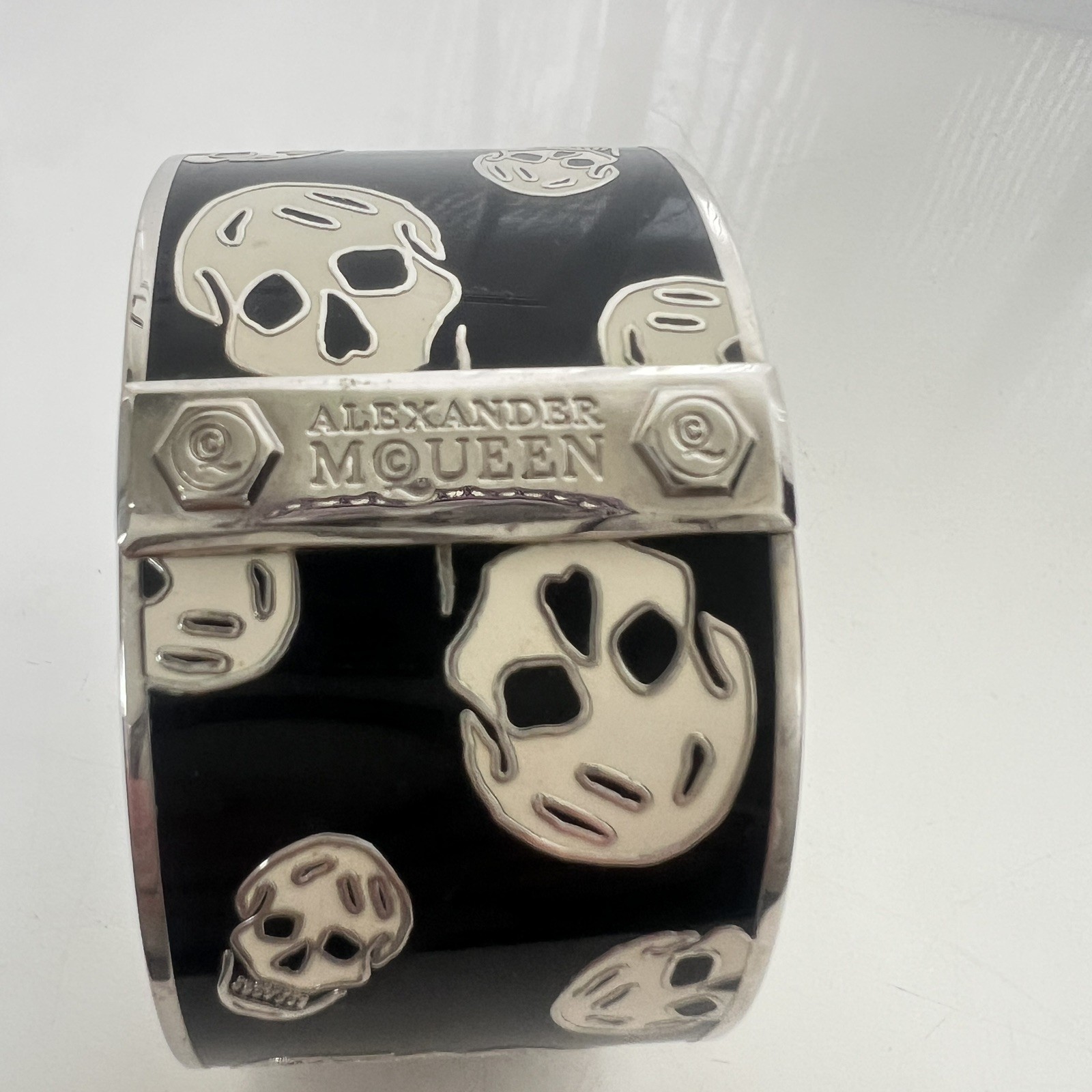 Alexander McQueen Skull Logo Icon Black White Enamel Silver Cuff Bracelet