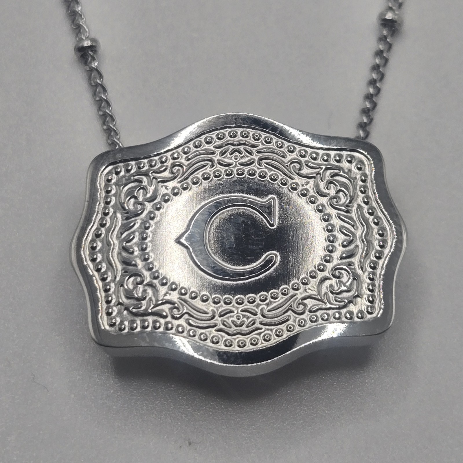 MINI BELT BUCKLE INITIAL LETTER C Pendant Charm STAINLESS STEEL CHAIN NECKLACE