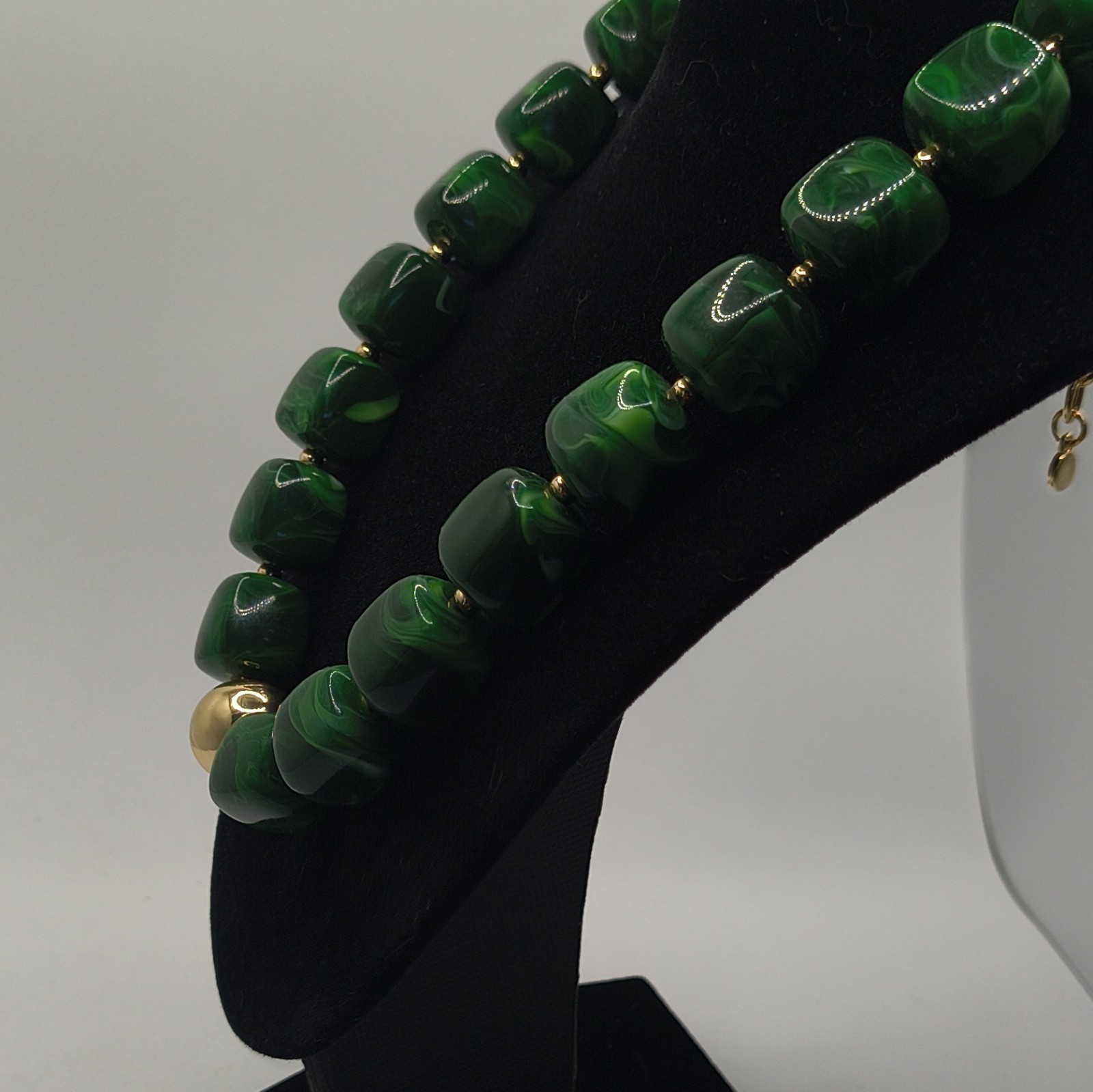 Green Beaded Statement Necklace Gold Tone Square Simulated Adjustable Lobster