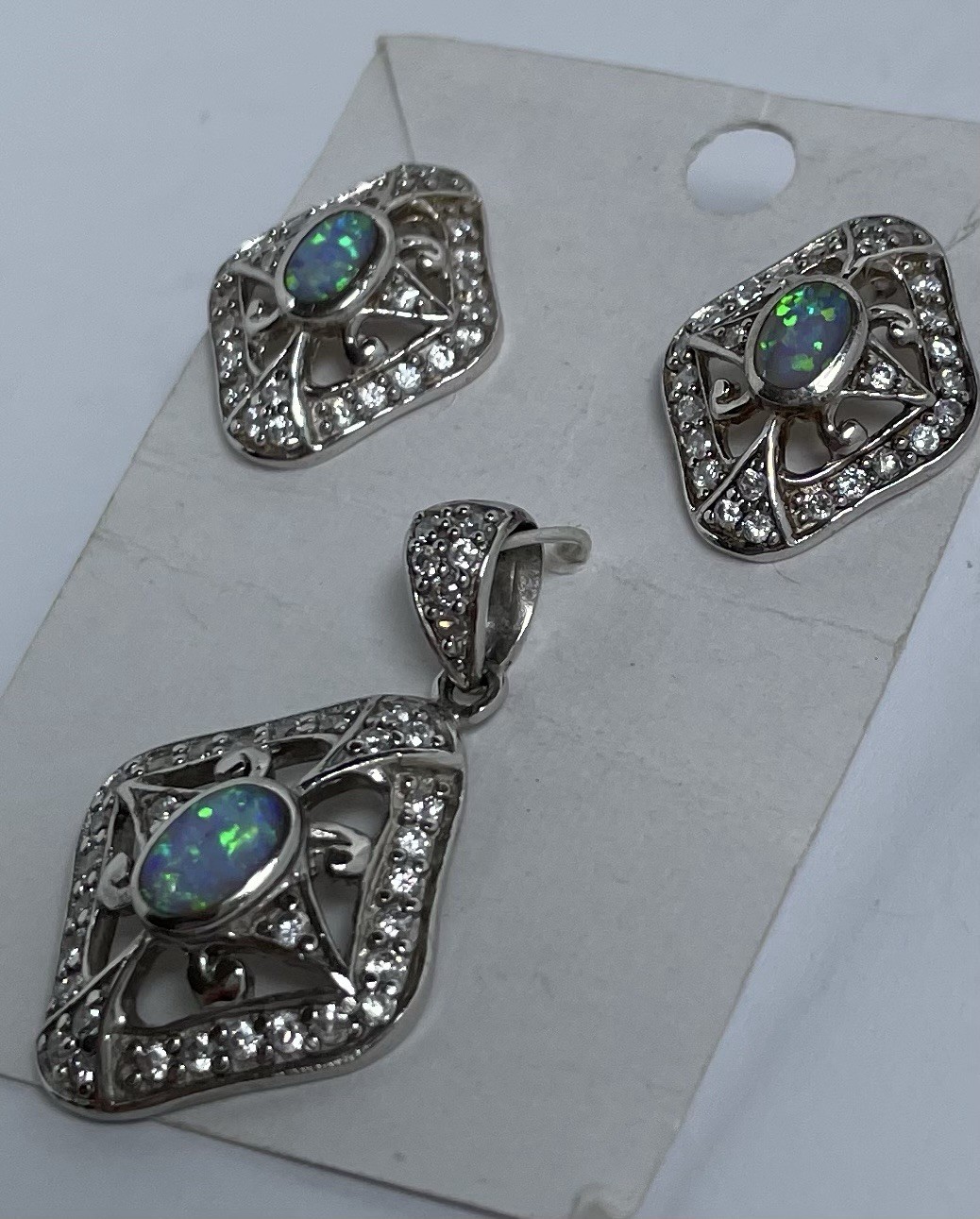 Sterling Silver 925 Opal Earrings Pendant Set CZ Halo Filigree Blue Green Fire