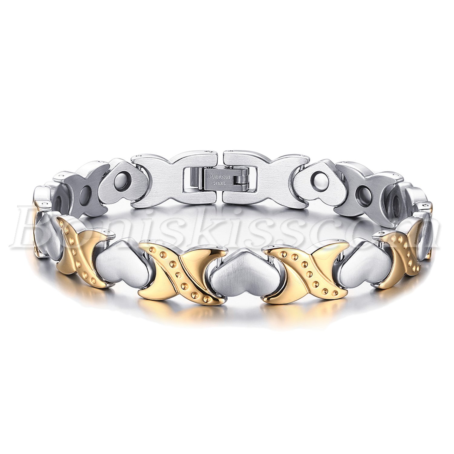 Silver Gold Tone Stainless Steel Charm Heart Magnetic Womens Bracelet Chain Link