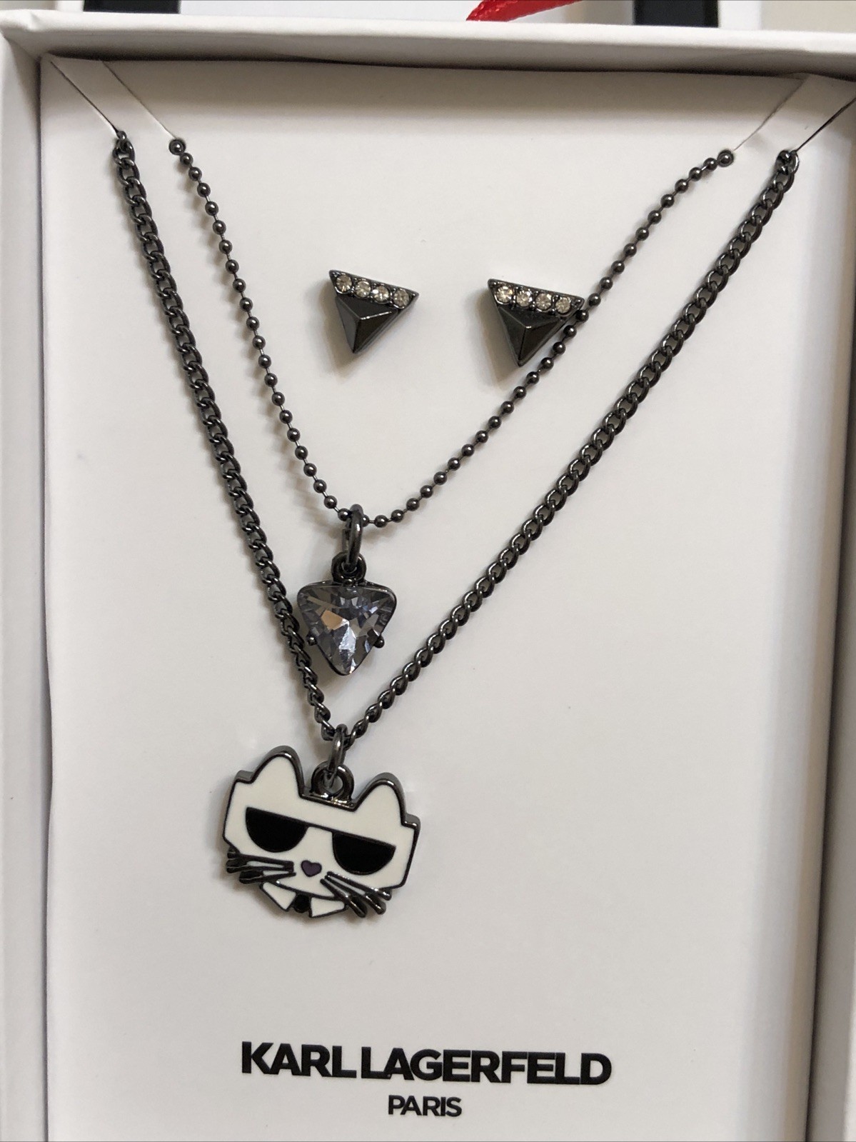 Karl Lagerfeld Paris Choupette Layered Pendant Necklace & Stud Earring Set NIB